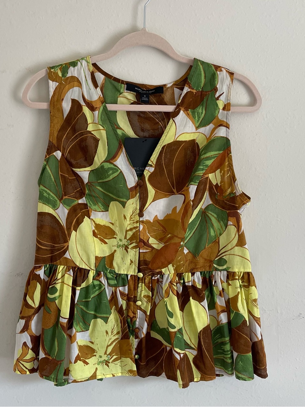 Marc New York Andrew Marc Green & Brown Floral Button-Front Peplum Tank